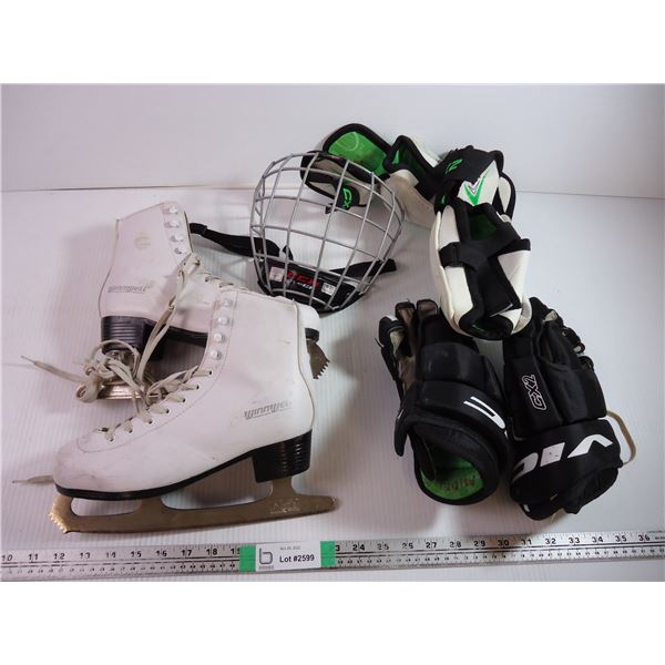 Size 6 Figure Skates, size 11 boys gloves,Sh/elbow pads and visor