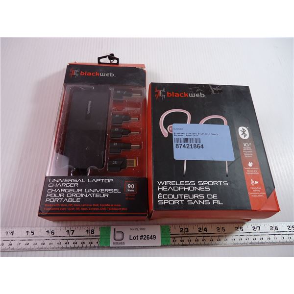 Universal Laptop Charger and Sports Headphones (warehouse returns - AS IS)