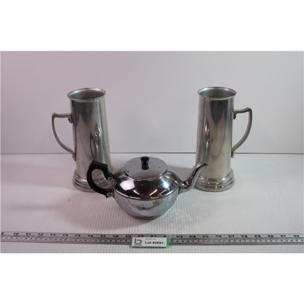 (2) Metal Steins + Tea Pot