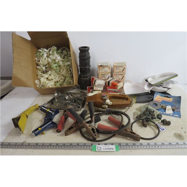 Booster Cable Clamps Box of Holders - Burndy Connectors - (12) Small Dust Pans - Ice Fishing Rod - M