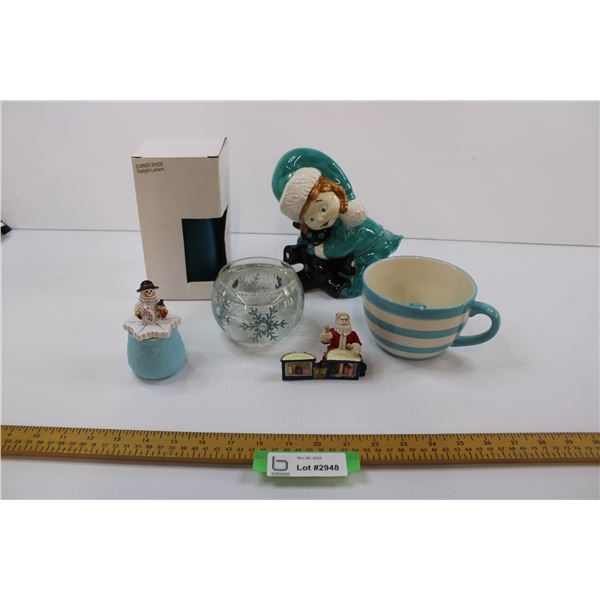 Tea lite lantern, penguin coffee cup, misc christmas decor items