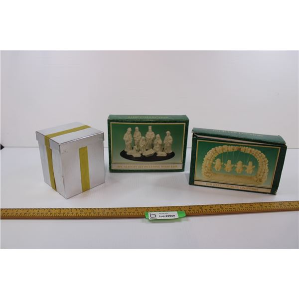Eleven piece nativity set, Holiday figurine on swing, gift box that opens into snowmen scene