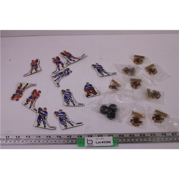 (11) Vintage Montreal + Toronto Table Hockey Players w/ 3 Pucks + (8) Kindersley Sask Pins