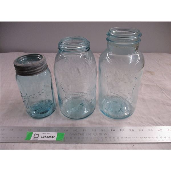 (3) Blue vintage mason jars