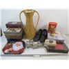 Image 1 : *Assorted Tins - Ladies Boots (size 9) - Wicker Item (damages) - Grinder (missing parts)