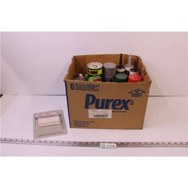 Box of Assorted Garage Items (Varnish, Spray Paint, Caulk, Drydex)