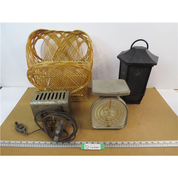 Wicker Holder - Pelouze Scale - Battery Operated Hanging Speaker - Vintage Carter Battery Charger (w