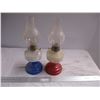 Image 1 : 2X THE BID PRICE - Oil Lamps Red + Blue base with chimneys