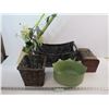 Image 1 : Wooden Case - Metal Container with Handles - Tin Flower pot - Wicker Basket - Fake Lily