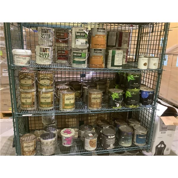3 SHELVES OF ASSORTED PRIMER, STAIN & PAINT INCLUDING; BENJAMIN MOORE, SURE STEP, PROLUXE & MORE