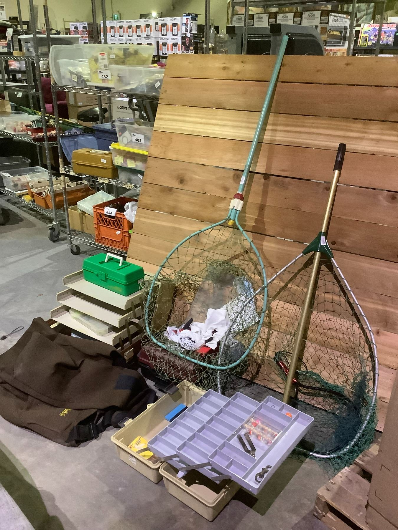Tackle Box Netting 3 FISHING NETS, 4 TACKLEBOXES WITH ASSORTED CONTENTS AND CHEST WADERS