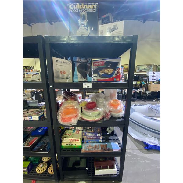 5 TIER SHELVING UNIT WITH CONTENTS: FOOD PROCESSOR, CONAIR HEATED NECK REST MASSAGER, CHILI BOWL SET