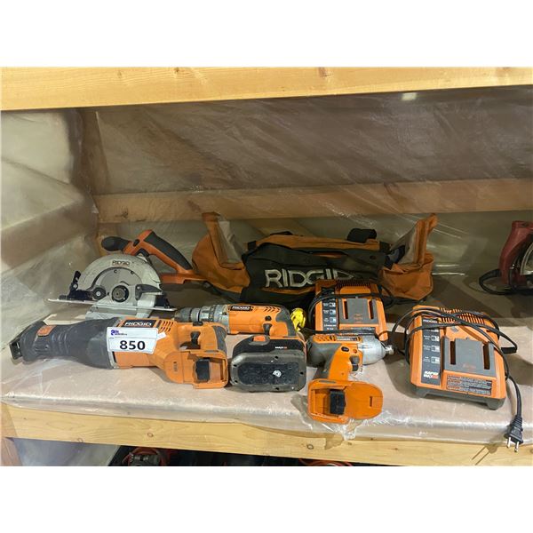 ASSORTED RIGID PRODUCTS: SAWZALL, DRILLS, 1 BATTERY, 2 BATTERY CHARGERS, CIRCULAR SAW, & TOOL BAG