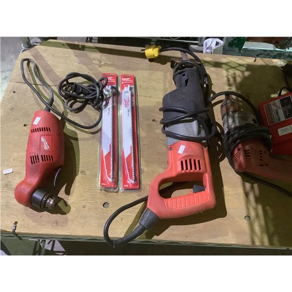 ASSORTED MILWAUKEE PRODUCTS: DRILL, SAWZALL, SAWZALL BLADES, GRINDER, BATTERY CHARGERS, AND 2