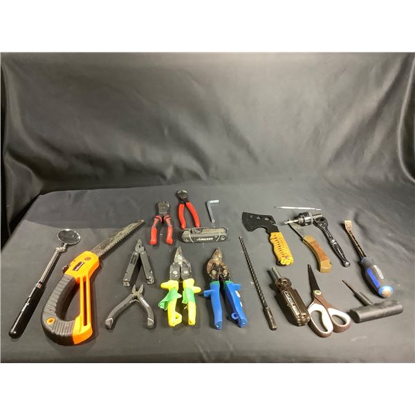 ASSORTED TOOLS: WISS TIN SNIPS, ORANGE HATCHET, SMALL SAW, FOLDING KNIFE, PLIERS, CRAFTSMAN