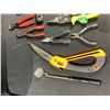 Image 2 : ASSORTED TOOLS: WISS TIN SNIPS, ORANGE HATCHET, SMALL SAW, FOLDING KNIFE, PLIERS, CRAFTSMAN