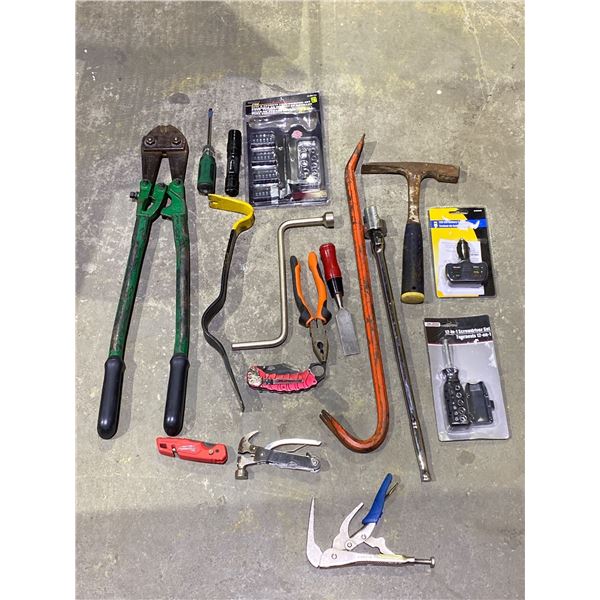 CROWBARS, BOLT CUTTERS, SCREW DRIVER, BREAKER BAR, CHISEL, FENIX FLASHLIGHT, VICE GRIPS,