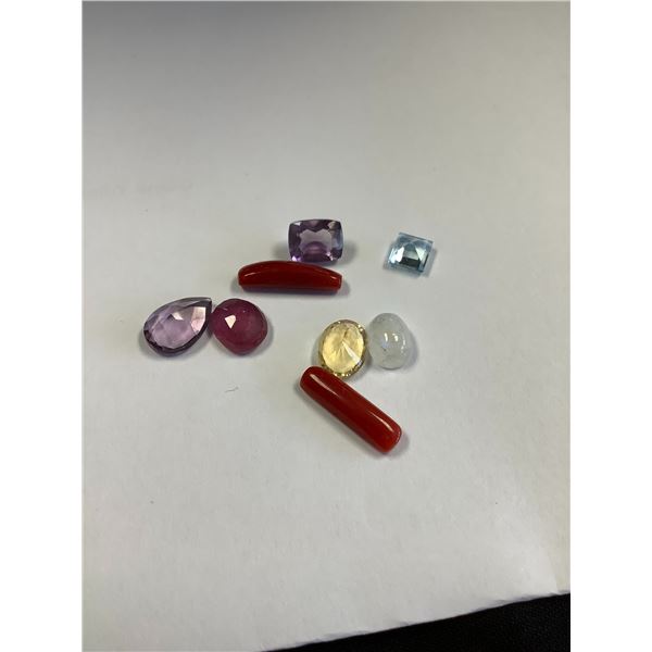 NATURAL GEMSTONES 20.41CT. VARIOUS SIZES AND SHAPES, CORAL, RUBY, MOONSTONE, CITRINE,