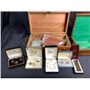 Image 2 : 2 JEWELRY BOXES WITH ASSORTED CONTENTS: PINS, LIGHTERS, BANGLE, TIE CHAIN, CUFFLINKS,