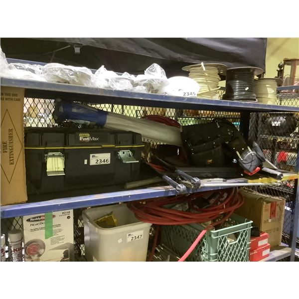 STANLEY FATMAX TOOL BOX, KUNY'S TOOL BELT, CLAMP, POLY, PORTER CABLE AIR HOSE, & MORE