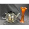 Image 2 : GROUP OF COLLECTIBLES : CARNIVAL GLASS VASE, CHINTZ PATTERN CREAM & SUGAR SET + GLASS TEA POT