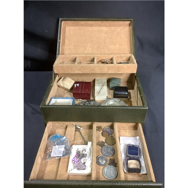 JEWELRY BOX WITH ASSORTED CONTENTS: BROOCHES, NECKLACES, RING, ASHTRAY, & MORE