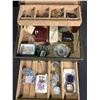 Image 2 : JEWELRY BOX WITH ASSORTED CONTENTS: BROOCHES, NECKLACES, RING, ASHTRAY, & MORE