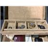 Image 3 : JEWELRY BOX WITH ASSORTED CONTENTS: BROOCHES, NECKLACES, RING, ASHTRAY, & MORE