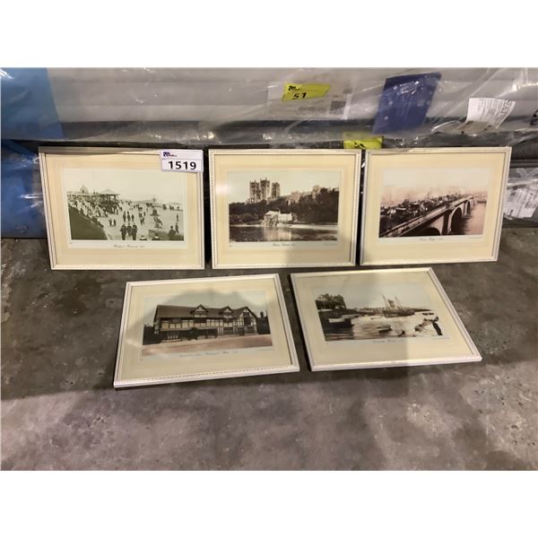 5 ASSORTED FRAMED PRINTS INCLUDING; DURHAM CATHEDRAL 1903, LYNMOUTH HARBOUR 1907, LONDON BRIDGE