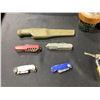 Image 2 : 4 ASSORTED VINTAGE TABLE LIGHTERS & BIN OF ASSORTED ITEMS INCLUDING; KNIVES, PRESSURE GAUGE,