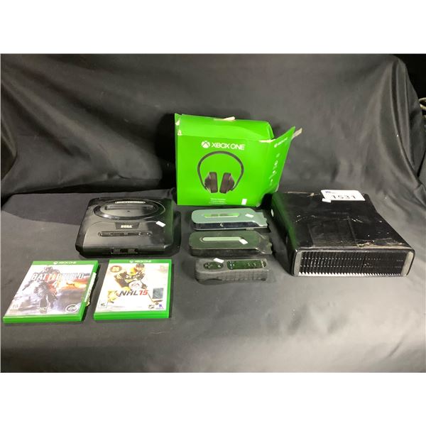 ASSORTED VIDEO GAME ITEMS INCLUDING; XBOX 360, 2 XBOX 360 HARD DRIVES, SEGA GENESIS CONSOLE,