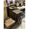 Image 1 : ASSORTED ITEMS INCLUDING; COPPER FIREPLACE BOX, BOOK RACK, FREE STANDING STOVE & STEAM PIPE WHEEL