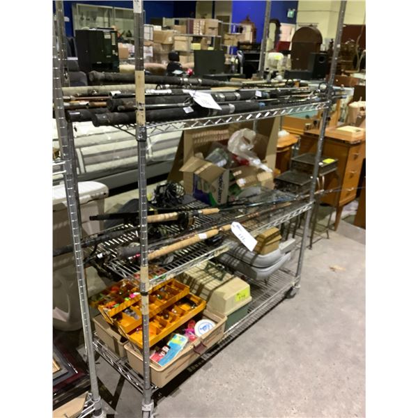 3 SHELVES OF FISHING RODS, SOME WITH REELS AND LARGE ASSORTMENT OF FISHING TACKLE