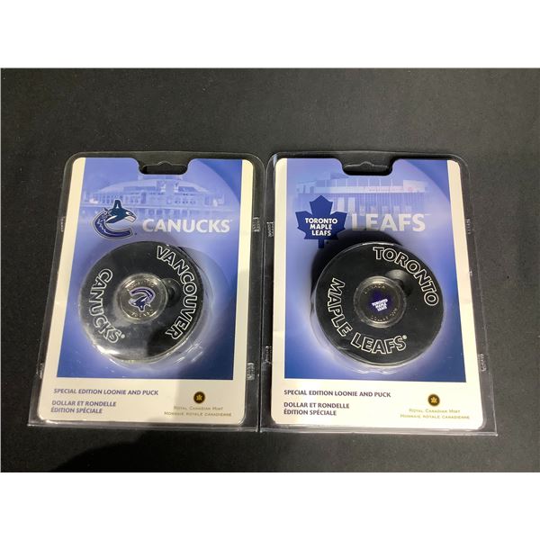 VANCOUVER CANUCKS AND TORONTO MAPLE LEAF'S COMMEMORATIVE PUCK AND LOONIE SETS