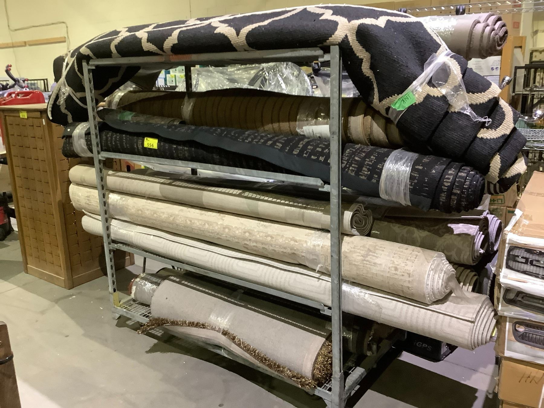 ASSORTED AREA RUGS & CARPETS WITH 4 TIER MOBILE ROLLING RACK