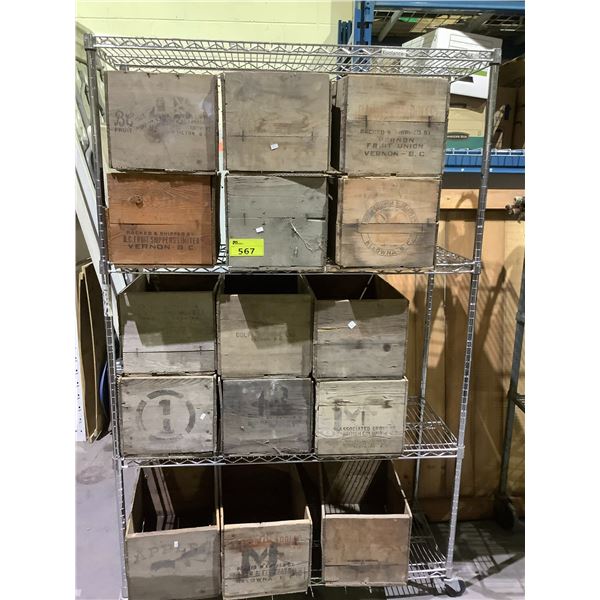 RACK OF VINTAGE WOOD CRATES (RACK NOT INCLUDED)