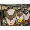 Image 2 : 5 COSTUME JEWELRY NECKLACES, HEAD PIECES & EARRINGS WITH WOOD STANDS