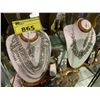Image 2 : 4 COSTUME JEWELRY NECKLACES, HEAD PIECES & EARRINGS WITH WOOD STANDS
