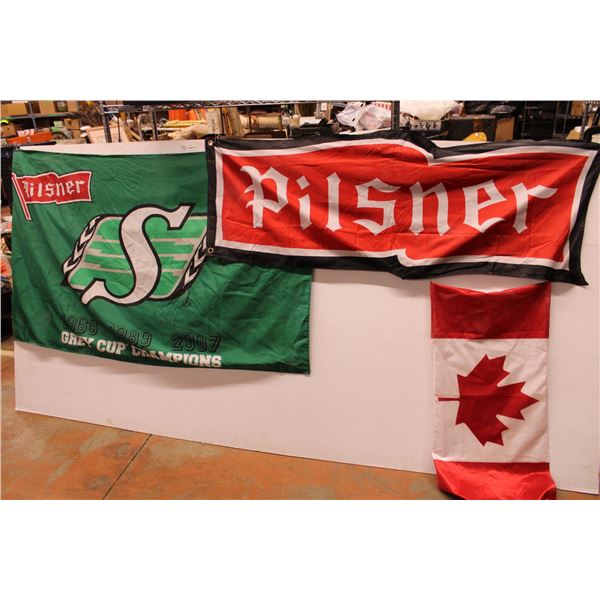 Sask Roughrider Flag, Pilsner Flag, and Canada Flag