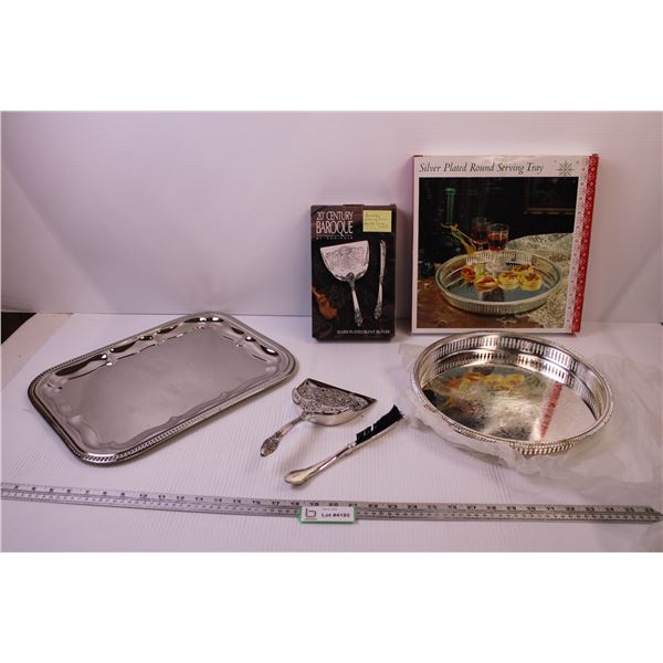 (2) Serving Trays and a Silver Plated Silent Butler (Missing 1 tuft of Bristles)