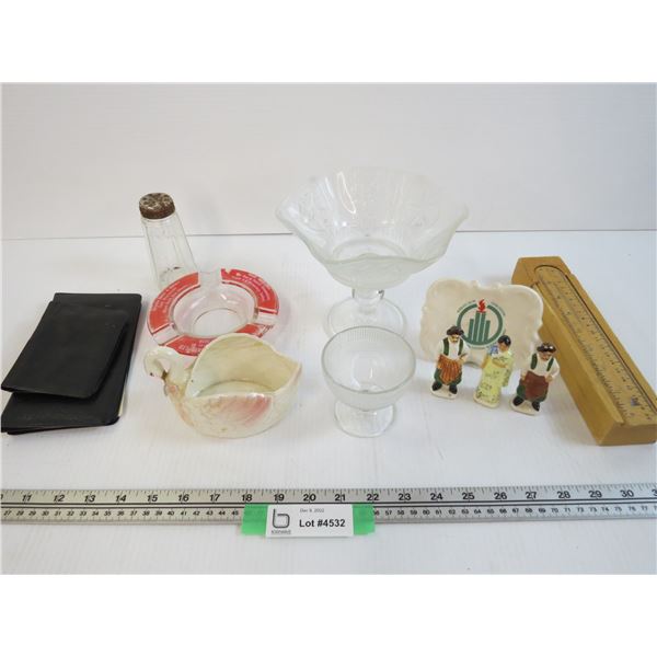 Glass Dish - Plastic Wallets - Vintage Crib Board (damaged) - Assorted Items