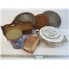 Image 1 : Cigar Box - (2) Metal Trays - (7) Assorted Plates - (2) Wall Plates - Coffee Tin - Homemade Wooden H