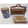 Image 3 : Cigar Box - (2) Metal Trays - (7) Assorted Plates - (2) Wall Plates - Coffee Tin - Homemade Wooden H