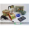 Image 1 : Collectable Tins - Glass Blown Dish - (3) 8 Track Tapes - Curling Iron - Misc Items