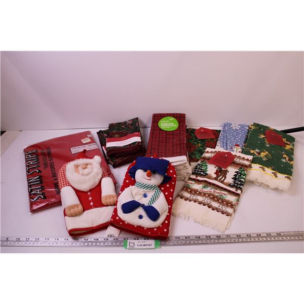 (11) Assorted Holiday Towels + (4) Napkins, (2) Novelty Oven Mitts, and a Tablecloth