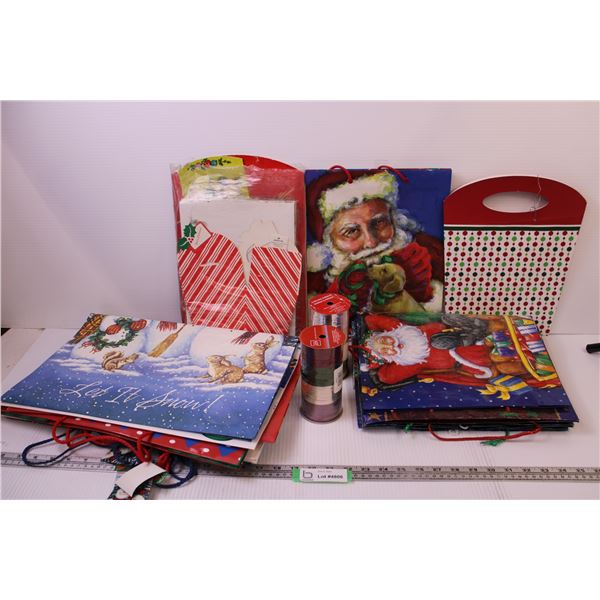 (10) Assorted Gift Bags + (2) Rolls of Ribbon and Bag of Boxes