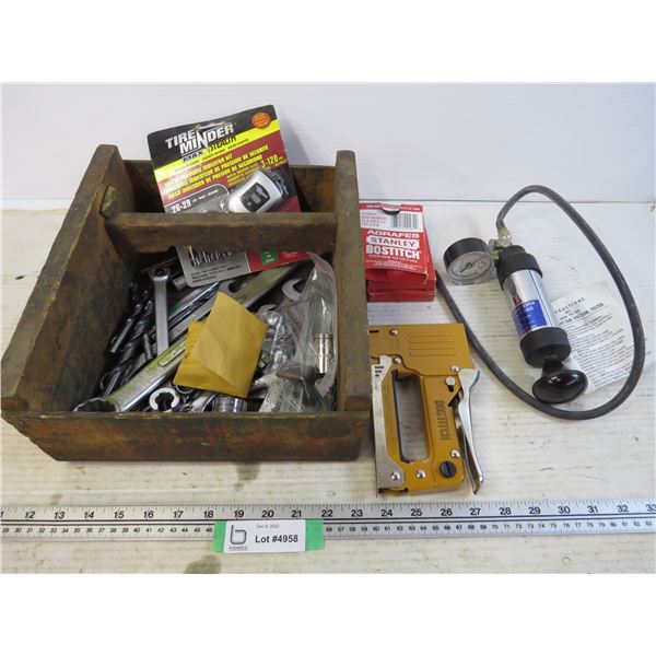 Stant Vacuum Tester - Wooden Box with Assorted Wrenches - Stapler with Staples - Tireminder