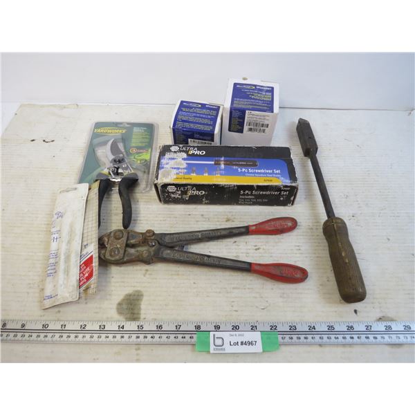 (2) Three Jaw Filter Wrenches - Vintage Soldering Iron- Bolt Cutter - Yardworks Pruner - 5 -= Piece 