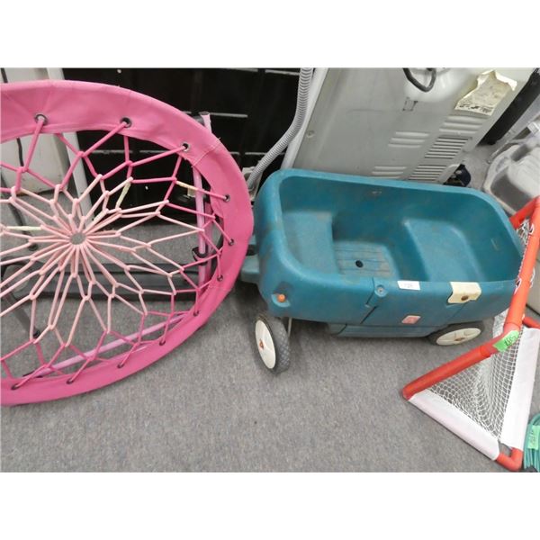 toy wagon, chair, hockey net