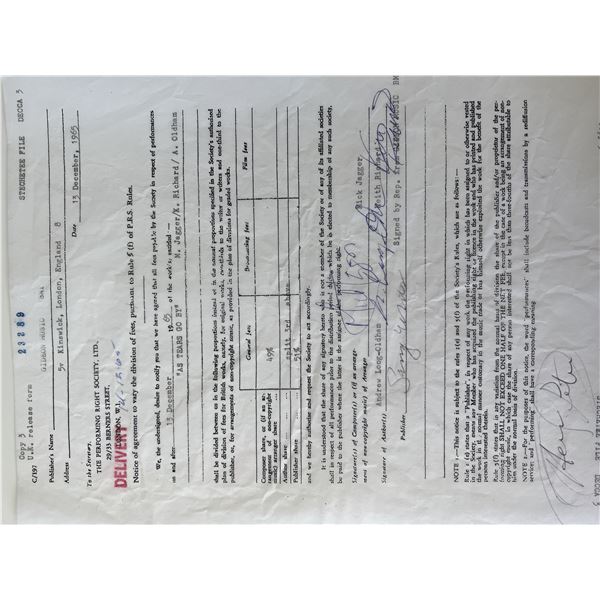 The Rolling Stones Mick Jagger, Keith Richard, and Andrew Loog-Oldham signed contract